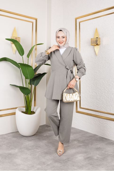 Kuşak Detay Ceketli Poliviskon Takım-Mint