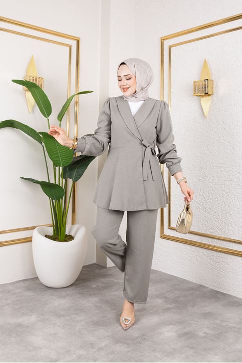 Kuşak Detay Ceketli Poliviskon Takım-Mint