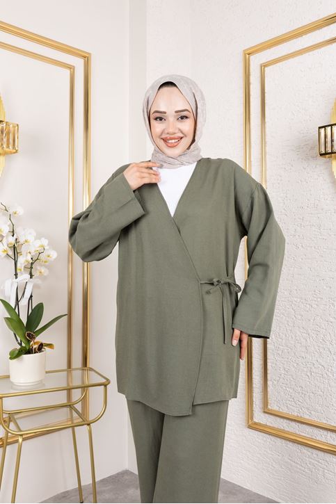 Yan Bağlamalı Pantolonlu Takım-Haki