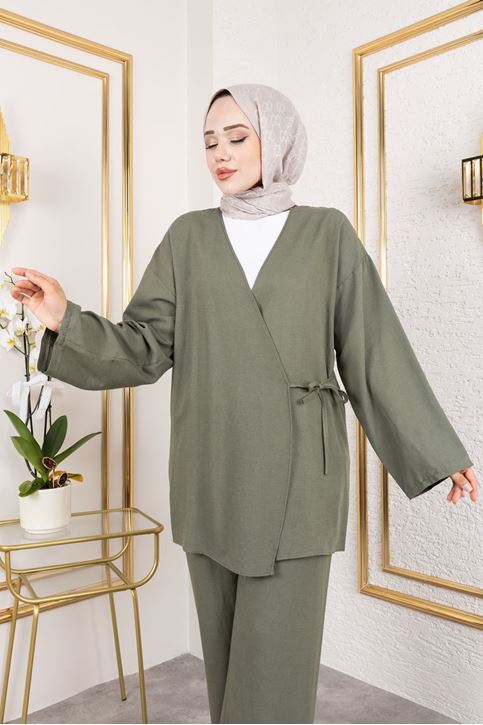 Yan Bağlamalı Pantolonlu Takım-Haki