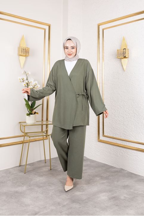 Yan Bağlamalı Pantolonlu Takım-Haki