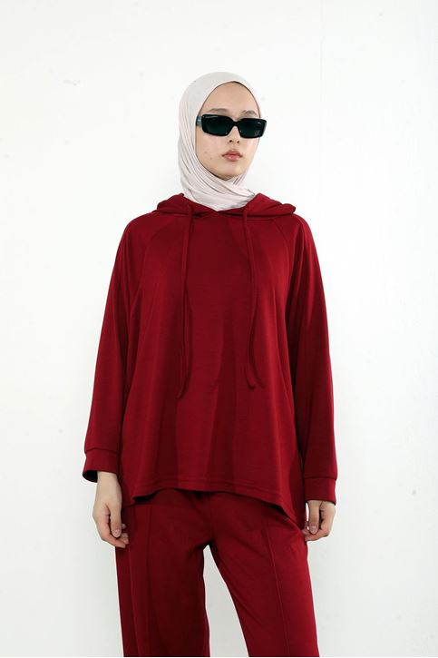 Kapşon Detay Pantolonlu Takım-Bordo