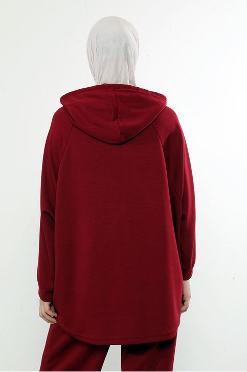 Kapşon Detay Pantolonlu Takım-Bordo