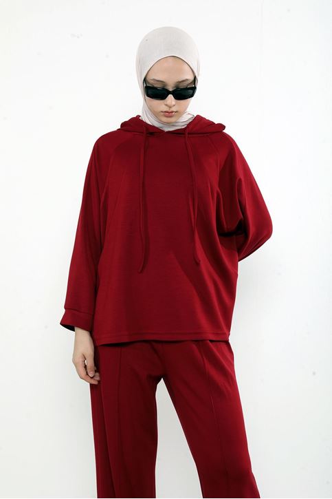 Kapşon Detay Pantolonlu Takım-Bordo