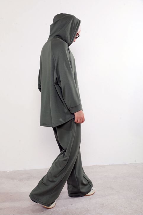 Kapşon Detay Pantolonlu Takım-Haki