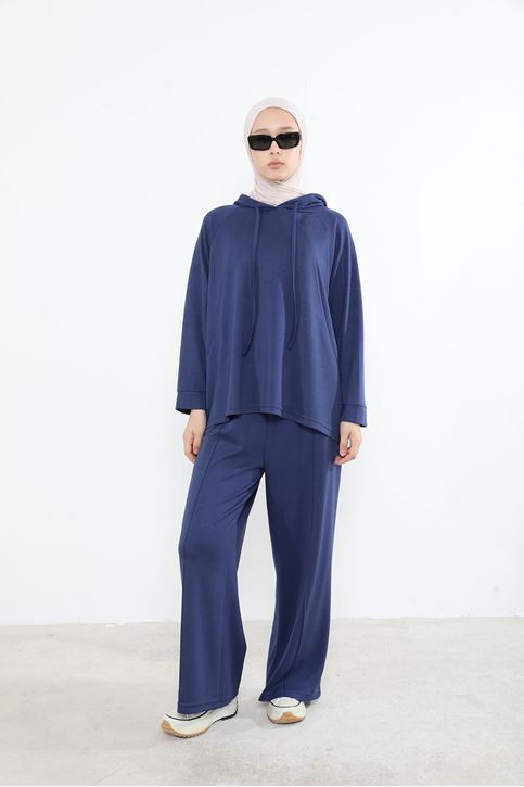 Kapşon Detay Pantolonlu Takım-Lacivert