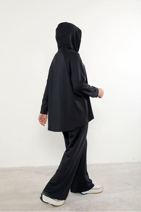 Kapşon Detay Pantolonlu Takım-Siyah