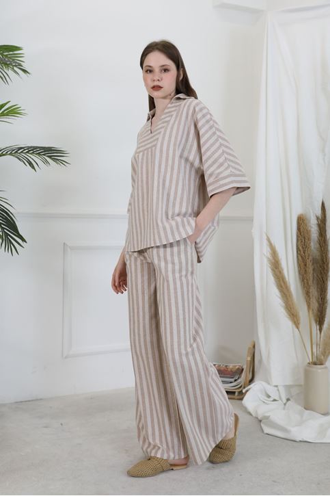 V Yaka Keten Takım-Bej