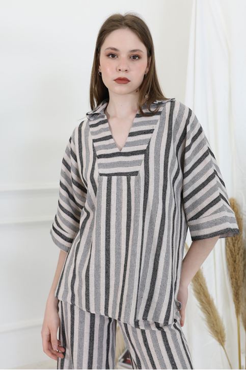 V Yaka Keten Takım-Siyah