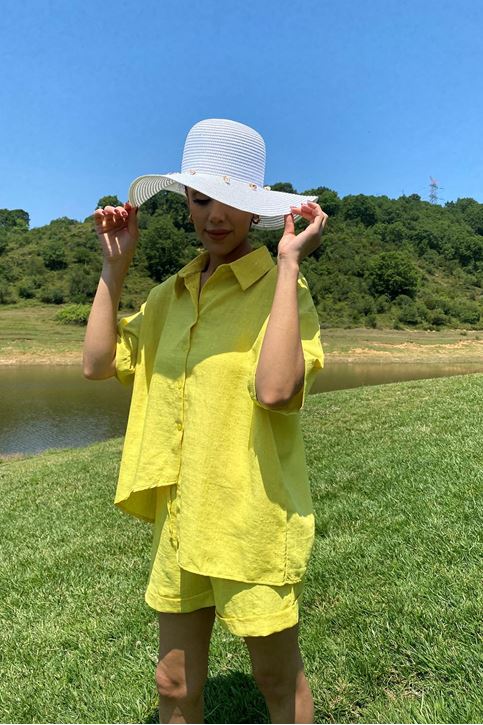 Paçası Duble Şortlu Takım-Sarı