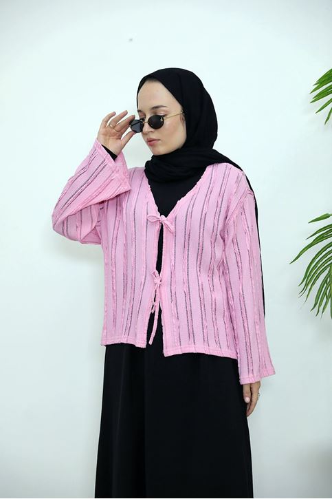 Pileli Ön İki Bağlamalı Tunik-Pembe