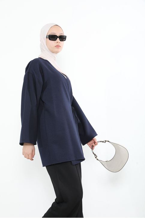 Yan Bağlamalı Kalın Krep Tunik-Lacivert