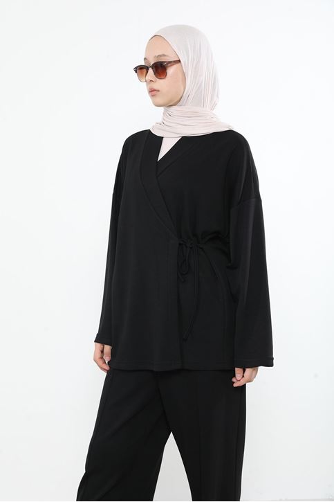 Ön Bağlamalı Tunik-Siyah