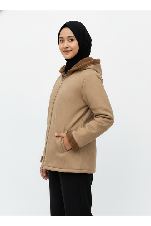 Kapşonlu Metal Fermuarlı Ceket-Bej