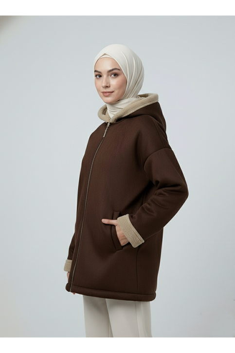 Kapşonlu Metal Fermuarlı Ceket-Kahve