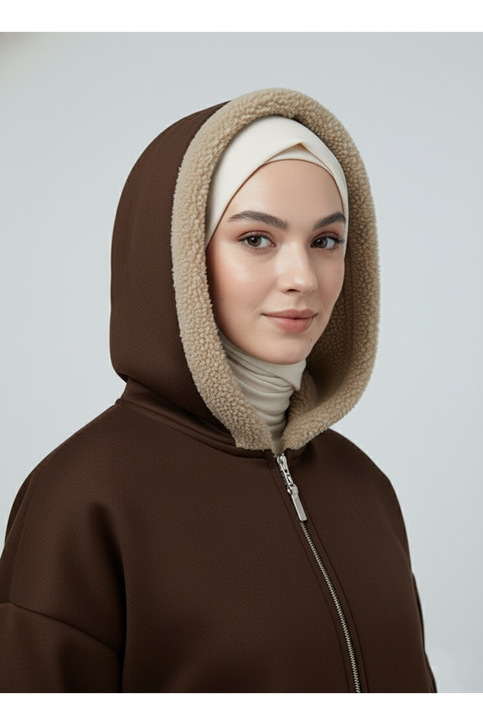 Kapşonlu Metal Fermuarlı Ceket-Kahve