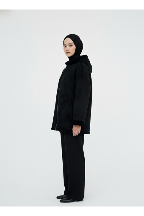 Kapşonlu Metal Fermuarlı Ceket-Siyah