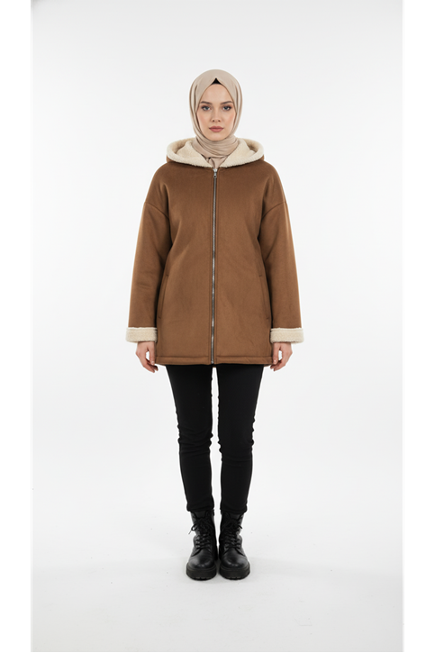 Kapşonlu Metal Fermuarlı Ceket-Taba