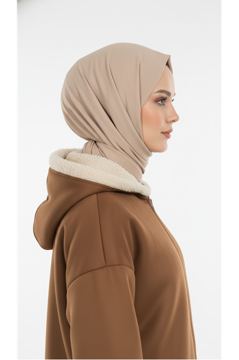 Kapşonlu Metal Fermuarlı Ceket-Taba