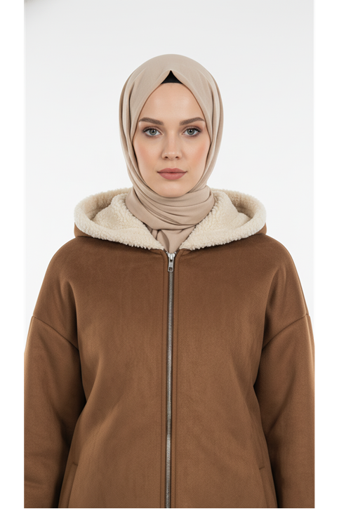 Kapşonlu Metal Fermuarlı Ceket-Taba