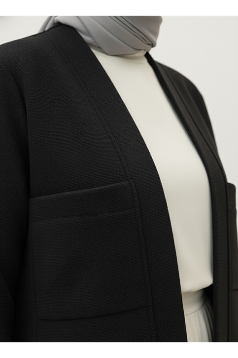 Üstten Çift Cep Kaşe Ceket-Siyah