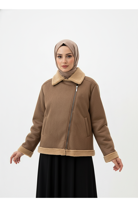 Kruvaze Metal  Fermuarlı Ceket-Bej