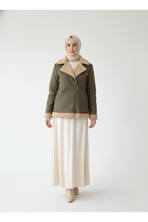 Kruvaze Metal  Fermuarlı Ceket-Haki