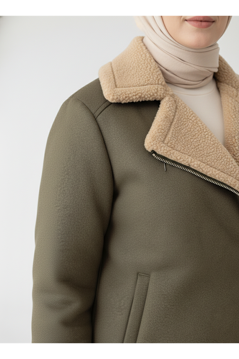 Kruvaze Metal  Fermuarlı Ceket-Haki