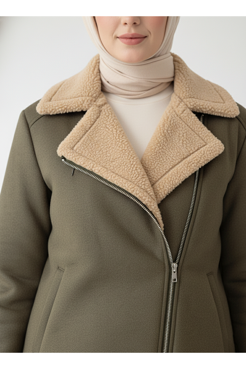 Kruvaze Metal  Fermuarlı Ceket-Haki