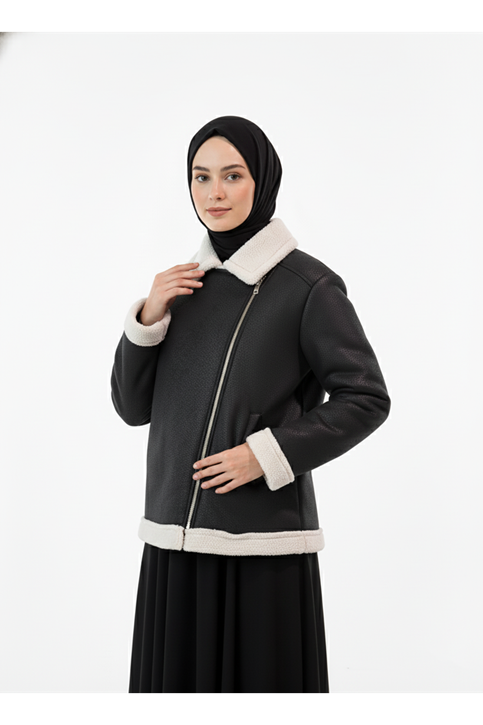 Kruvaze Metal  Fermuarlı Ceket-Siyah