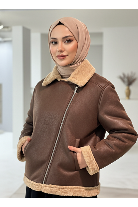 Kruvaze Metal  Fermuarlı Ceket-Kahve