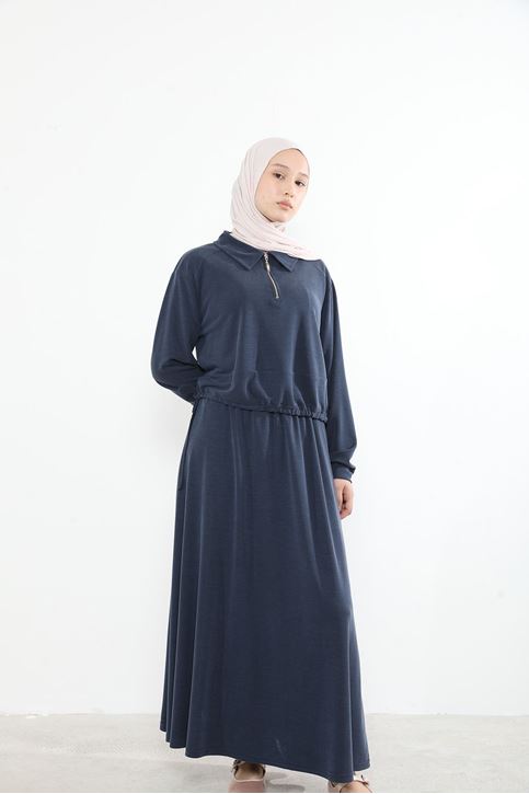 Yakalı Fermuar Detay Etekli Takım-Lacivert