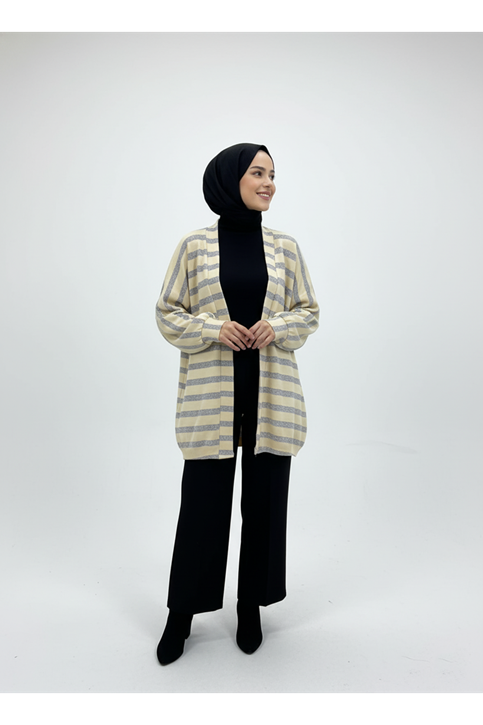 Triko Efektli Sim Detaylı Hırka-Bej