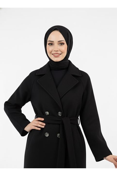 Flotalı Reglan Kol Kaban-Siyah