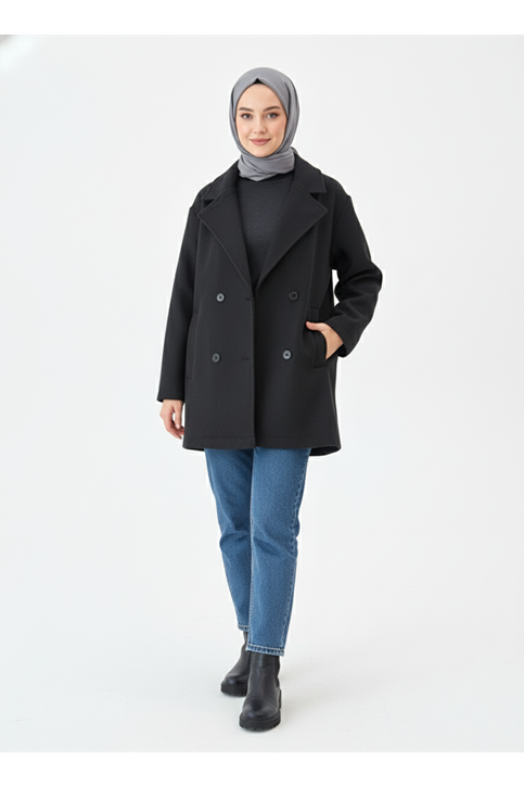 Kruvaze Kaşe Kaban-Siyah