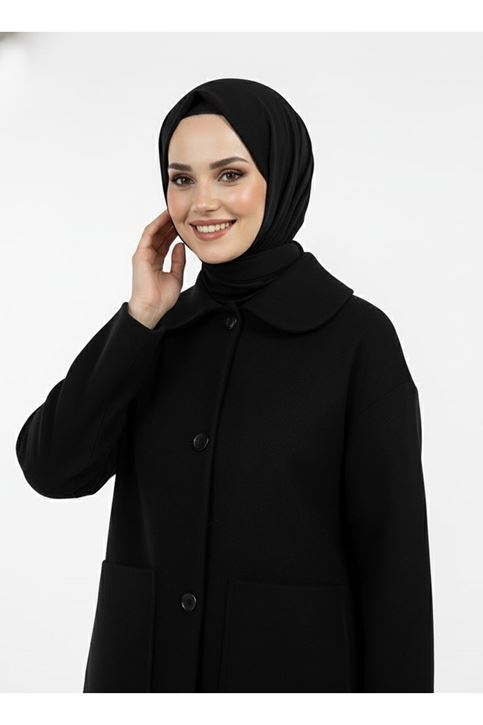 Üstten Çift Cepli Kaşe Kaban-Siyah