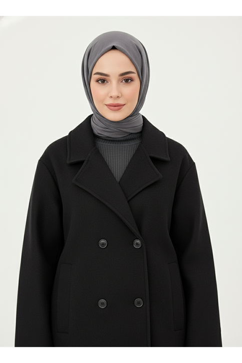 Kruvaze Kaşe Kaban-Siyah