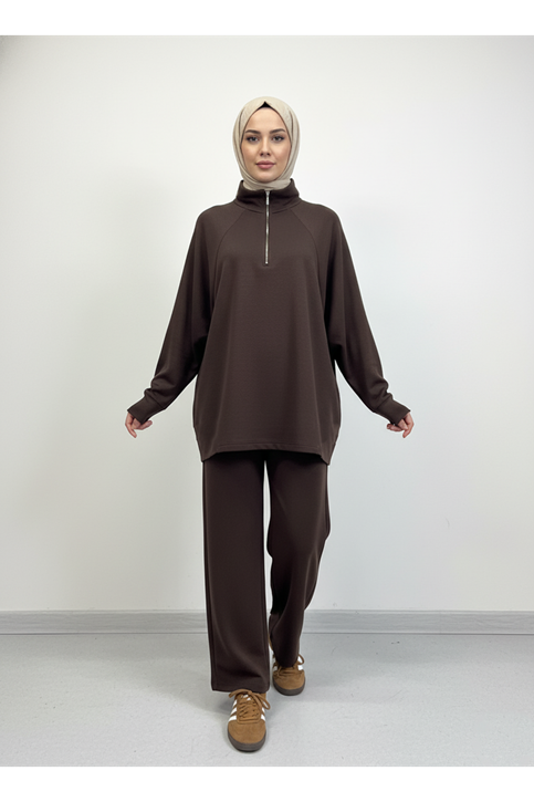 Metal Fermuarlı Pantolonlu Takım-Kahve