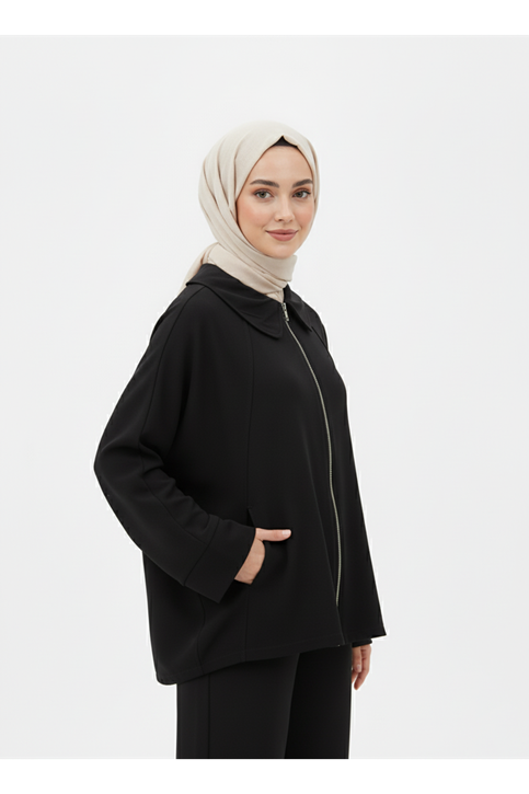 Fermuarlı Cepli Panço-Siyah