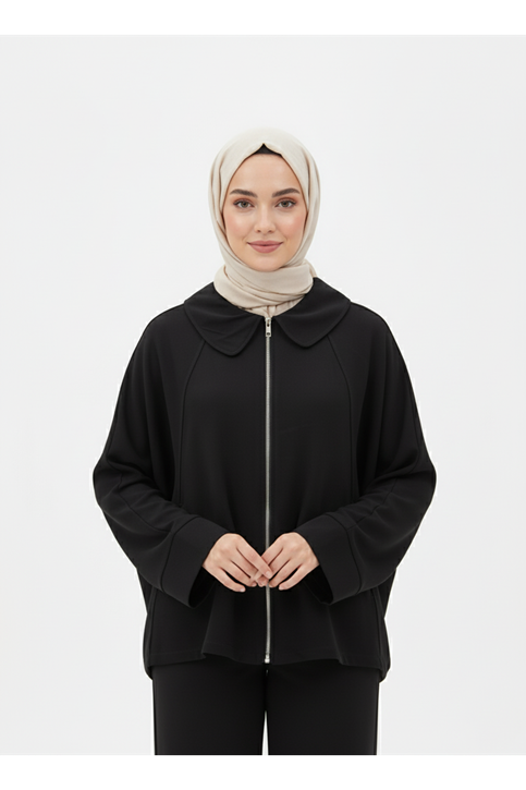 Fermuarlı Cepli Panço-Siyah