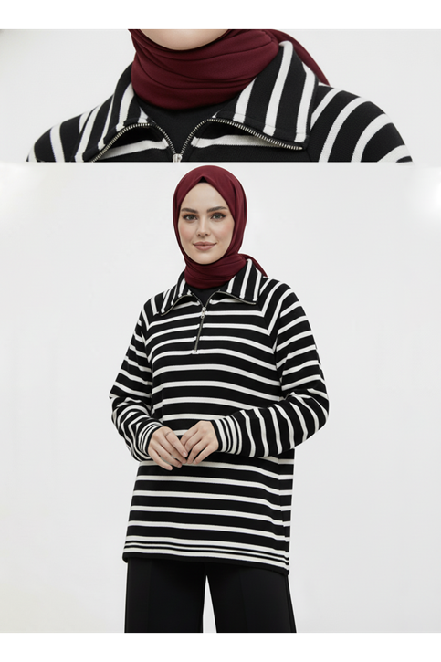 Metal Fermuarlı Oversize Tunik-Siyah