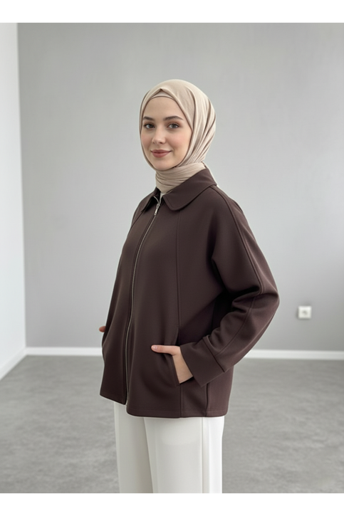 Fermuarlı Cepli Panço-Kahve