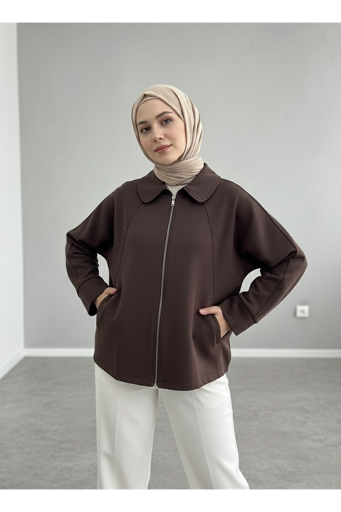 Fermuarlı Cepli Panço-Kahve