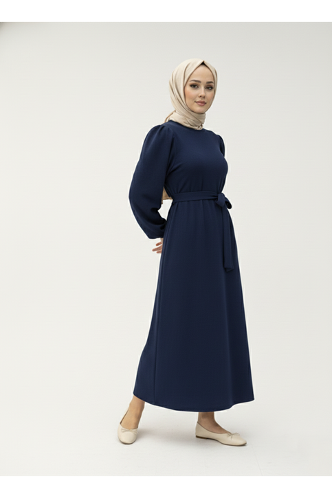 Balon Kol Örme Triko Elbise-Lacivert