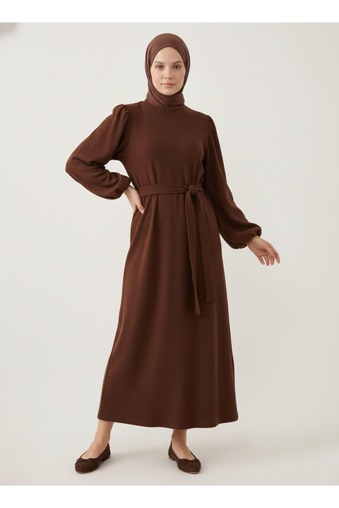 Balon Kol Örme Triko Elbise-Kahve