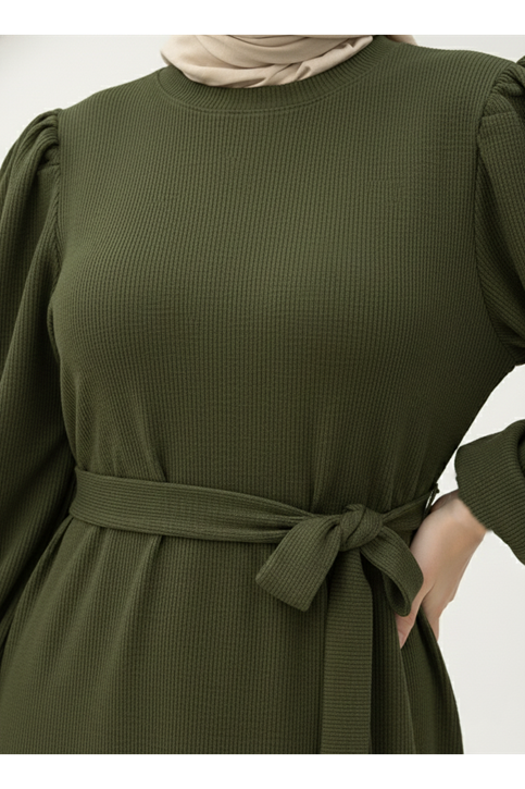 Balon Kol Örme Triko Elbise-Haki