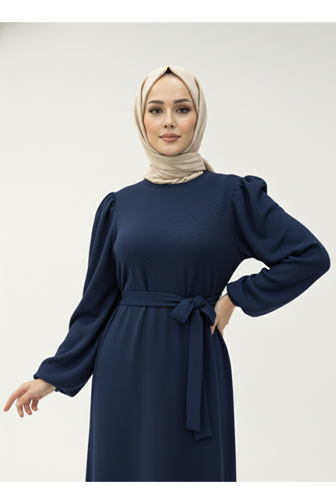 Balon Kol Örme Triko Elbise-Lacivert