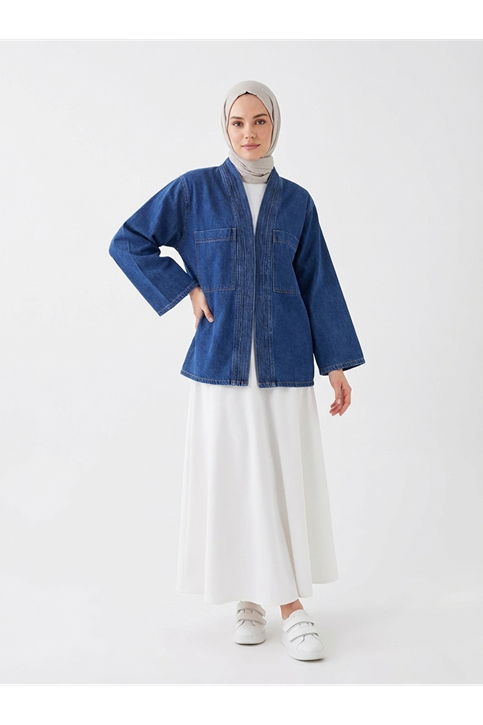 Cep Detaylı Sıra Dikişli Kot Ceket-Lacivert