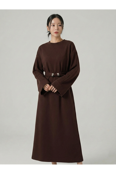 Bel Bağlamalı Elbise-Kahve