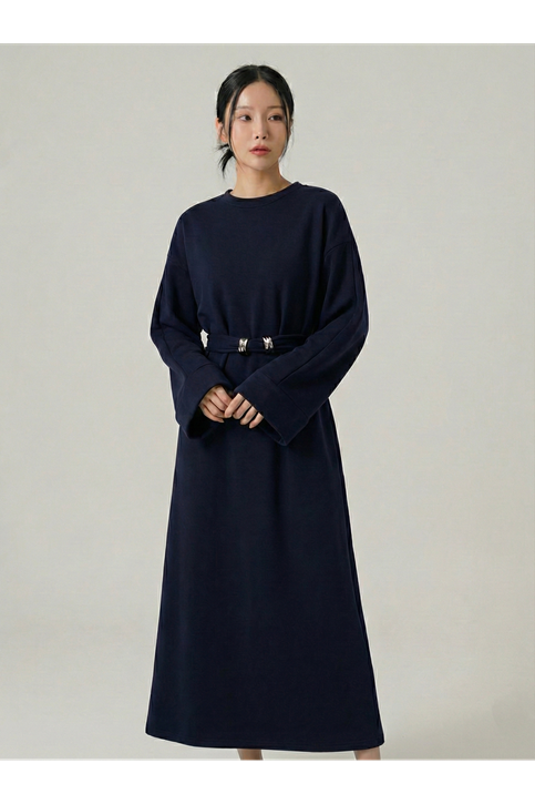 Bel Bağlamalı Elbise-Lacivert